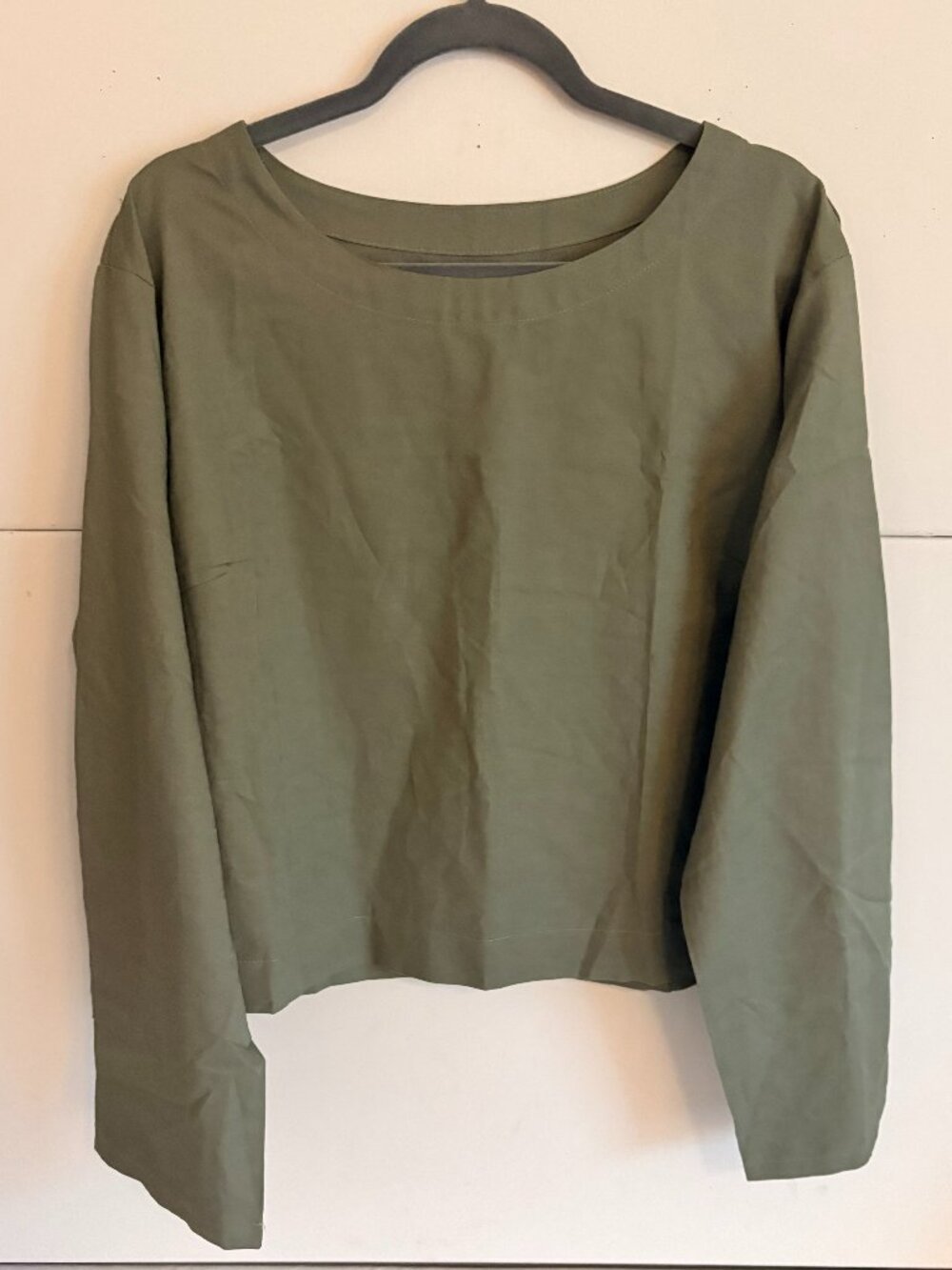 North Fashion Women Olive Green Round Neck Long Sleeve Top Linen/Cotton Size XL